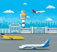 aeropuerto edificio y aviones en pista. controlar torre y avión en el antecedentes de el ciudad, viaje y turismo concepto. vector ilustración en plano estilo.