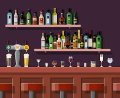 Bebiendo establecimiento. interior de pub, café o bar. bar encimera, sillas y estantería con alcohol botellas lentes y lámpara. ilustración en plano estilo vector