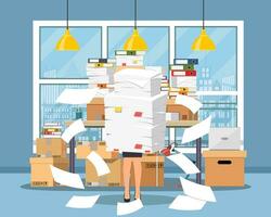 Stressed businesswoman holds pile of office papers and documents. Office documents heap. Routine, bureaucracy, big data, paperwork, office. Vector illustration in flat style