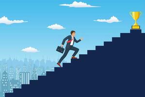 Businessman running up staircase to to trophy cup. Business concept growth and the path to success. Vector illustration in flat style.