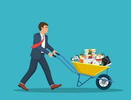 Businessman moving to new office.Businessman pushing Wheelbarrow with folder, document paper, contract, calculator, cactus. Vector illustration in flat style