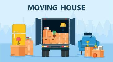 Delivery service concept. moving house. Truck for transportation of goods loaded with cardboard boxes. Delivery truck with a bunch of boxes. Vector illustration in flat style