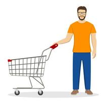 man pushing supermarket shopping cart. isolated on white background. Vector illustration in flat style