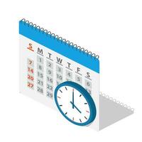 Calendar and clock in isometric icon. The concept of planning cases, important events and dates. Time management, control. Vector illustration in flat style.