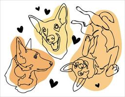 Set of happy dog portraits in continuous line art drawing style. Black linear sketch on colorful background in minimal style. Vector illustration