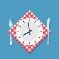 Plate with clock, fork and knife icon. Lunch time. Eating, nutrition regime, meal time and diet concept. Cutlery Kitchen concept restaurant menu. Vector illustration in flat style.