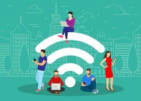 personas en gratis Internet zona utilizando móvil artilugio, tableta ordenador personal y teléfono inteligente grande Wifi signo. gratis Wifi punto de acceso, Wifi bar, público evaluar zona, portátil dispositivo concepto. vector ilustración en plano estilo