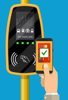 Hand with smartphone and bank card near terminal. Airport, metro, bus, subway ticket validator. Wireless contactless cashless payments, rfid nfc. Vector illustration in flat style