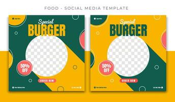 Burger Food Green Yellow social media post template design, event promotion square banner vector