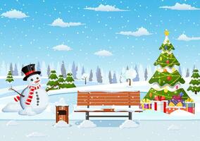 snowy winter city park with Christmas trees, bench, snowman. Winter Christmas landscape for banner, poster, web. Vector illustration in flat style