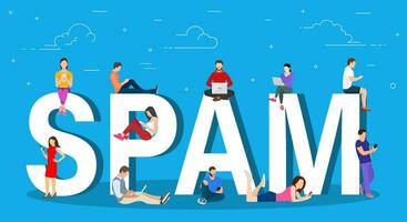 Spam cocnept. men and women using laptop, tablets near letters SPAM. Receiving spam, unsolicited emails, inappropriate messages. Vector illustration in flat style