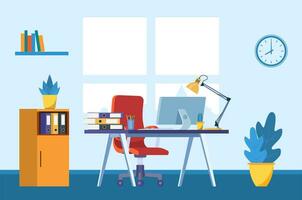 Office interior. Business workplace. Modern office room with window, desk and computer. Vector illustration in flat style