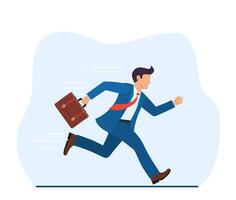 Business man with briefcase running fast with waving necktie. Late business person rushing in a hurry to get on time. Vector illustration in flat style.