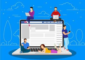 Social network web site surfing concept. people using mobile gadgets such as smartphone, tablet pc and laptop part of online community. Vector illustration in flat style