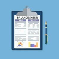 Clipboard with balance sheet and pen. Financial reports statement and documents. Accounting, bookkeeping, debit and credit calculations. Vector illustration in flat style