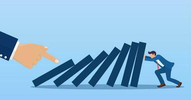 Businessman trying to stop falling domino effect . Business crisis management and solution concept. Concept of risk. hand pushes dominoes standing in row. Vector illustration in flat style.