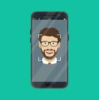 Face recognition , biometric security system concept. Face ID, mobile app. Phone with biometric identification man face on the screen. Vector illustration in flat style