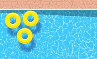 Three yellow pool rings floating in a swimming pool. Poster template for summer holiday. Summer pool party banner with space for text. Vector illustration in flat style