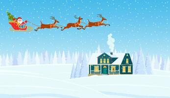 A house in a snowy Christmas landscape. Santa Claus flying on a sleigh. concept for greeting or postal card. Merry christmas holiday. New year and xmas celebration vector