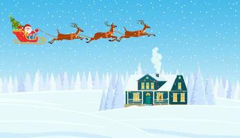 A house in a snowy Christmas landscape. Santa Claus flying on a sleigh. concept for greeting or postal card. Merry christmas holiday. New year and xmas celebration vector