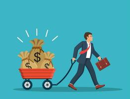 Happy businessman pulling cart full of money. Business and finance concept. Vector illustration in flat style