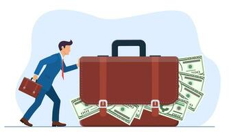 businessman or manager pushes a huge suitcase or briefcase with money. The concept of theft or bribery. Vector illustration in flat style.