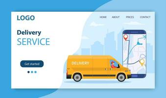 Online delivery service concept, online order tracking, delivery home and office. truck van courier. Online pizza order. Landing page concept. Vector illustration in flat style