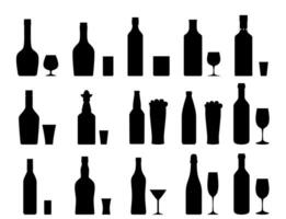Alcohol drinks set silhouette. Bottles with glasses. Vodka champagne wine whiskey beer brandy tequila cognac liquor vermouth gin rum absinthe sambuca cider bourbon. Vector illustration flat style
