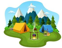 Tourist tent on the background of mountain and wood. vector illustration in flat design