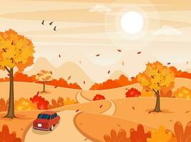 otoño otoño dibujos animados paisaje con un coche en el la carretera antecedentes. arboles y colinas en el plano. vector ilustración en plano estilo.