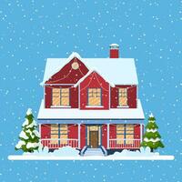 Decorated building for new year eve, home with lights and with fir tree prepared for christmas celebration. New year and xmas celebration. Vector illustration flat style