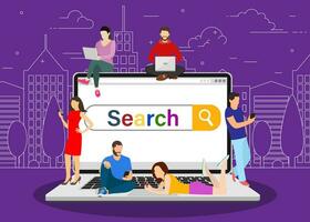 Online search bar concept. people using mobile smarthone and laptop for searching info in web browser. Vector illustration in flat style