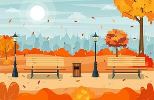 hermosa otoño ciudad parque con banco y pueblo edificio antecedentes. hermosa urbano otoño parque para bandera, póster, web. vector ilustración en plano estilo.