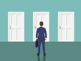 Businessman standing in front closed doors. Choice way concept. Human before choosing. Decide direction. Vector illustration flat style
