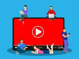 Video concept. people using mobile gadgets, tablet pc and smartphone for live watching a video via internet. Vector illustration in flat style