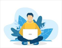 man with laptop sitting in nature with crossed legs. Freelance or studying concept. web page design template for online education, training. Vector illustration in flat style