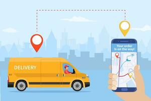 Online delivery service concept, online order tracking, delivery home and office. truck van courier. Online pizza order. goods shipping, food online ordering. Vector illustration in flat style