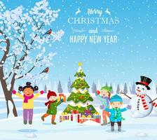 happy new year and merry Christmas greeting card. Christmas landscape. kids decorating a Christmas tree. Winter holidays. Vector illustration in flat style