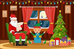 Merry Christmas. Santa Claus sitting in armchair in living room and reading wish list. Christmas Elf . Christmas tree, winter window, gifts in the bag. Vector illustration in flat style