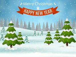 Christmas landscape background with snow and tree. Merry christmas holiday. New year and xmas celebration. vector