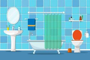 Interior of a bathroom with a toilet and accessories for washing and taking a shower. Vector illustration in flat style