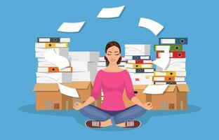 Business woman meditating in lotus pose and pile of paperwork, paper document. Bureaucracy. Worker multitasking. Character doing yoga, get calm at workplace. Relax, meditation. Vector illustration