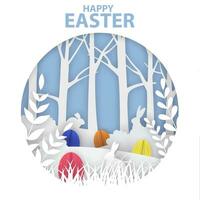 3d abstract paper cut. rabbit, grass, flowers and egg hunt. Happy easter greeting card template. vector