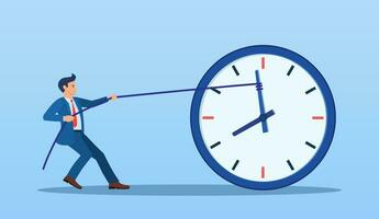 Stop time concept. Business metaphor. Businessman trying to slow down and stop time. Deadline. Time management. Vector illustration in flat style.