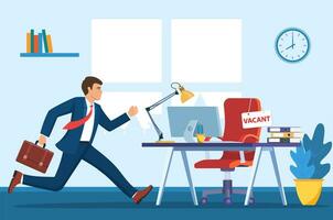 Office chair, sign vacancy. Employee and table with office items. Hiring and recruiting. Human resources management, searching professional staff work. Vector illustration in flat style