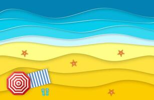 Sea landscape with beach, waves, Flipflops shoe. Paper cut out digital craft style. abstract blue sea and beach summer background with paper waves and seacoast. Vector illustration