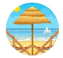 Paradise beach of the sea with yachts and palm trees. Tropical island resort. Vector illustration in flat style