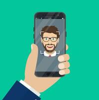 Face recognition , biometric security system concept. Hand holding smartphone with human head and scanning app on screen. Modern application. Vector illustration in flat style