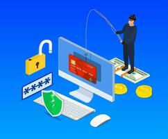 Internet phishing and hacking attack isometric concept. Email spoofing and personal information security background. internet attack on credit card. vector illustration in flat design.