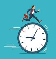 Businessman running on clock representing deadline. Business concept. Vector illustration in flat style.